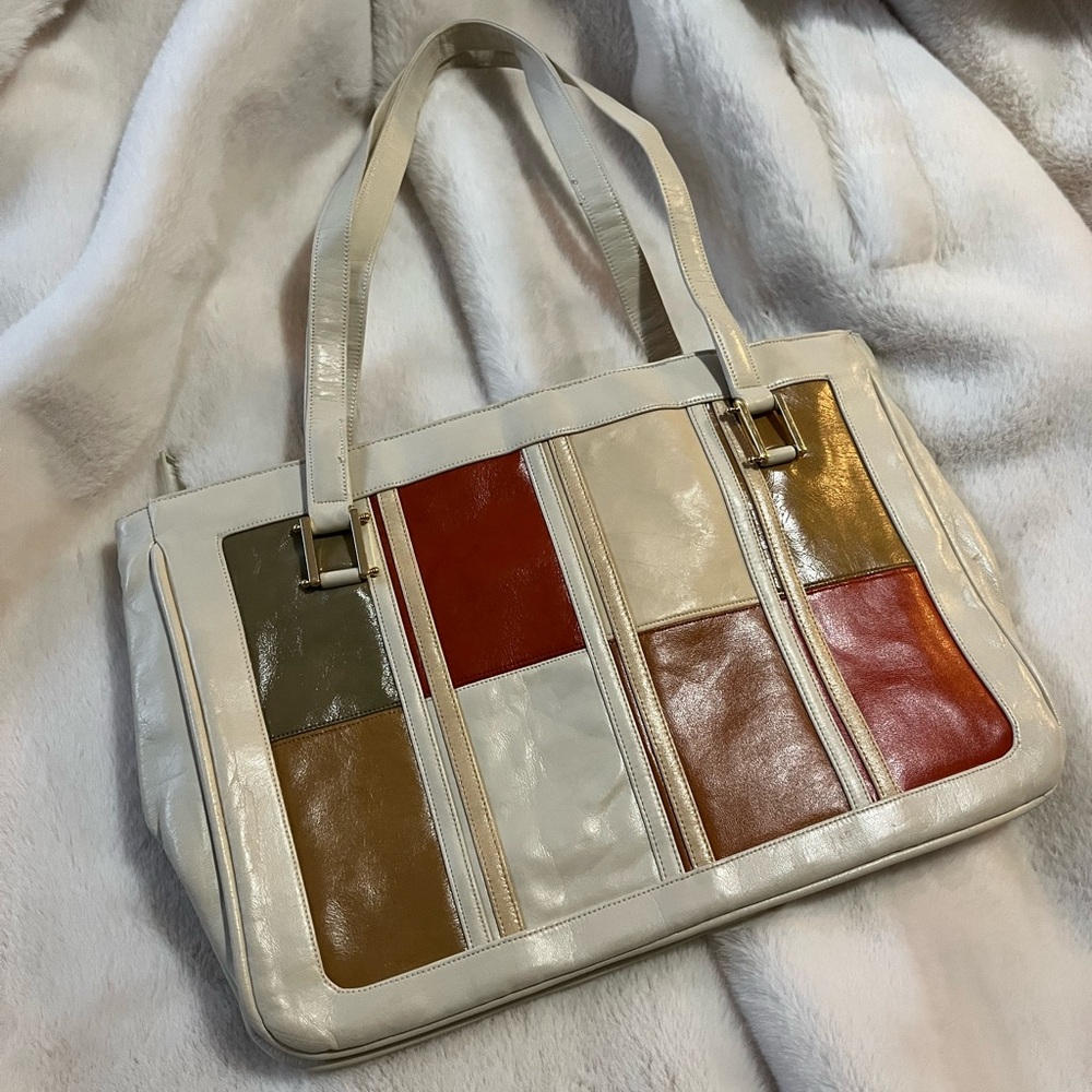 RARE VINTAGE WHITE LEATHER COLOR BLOCK TOTE BAG PURSE HANDBAG MONDRIAN STYLE